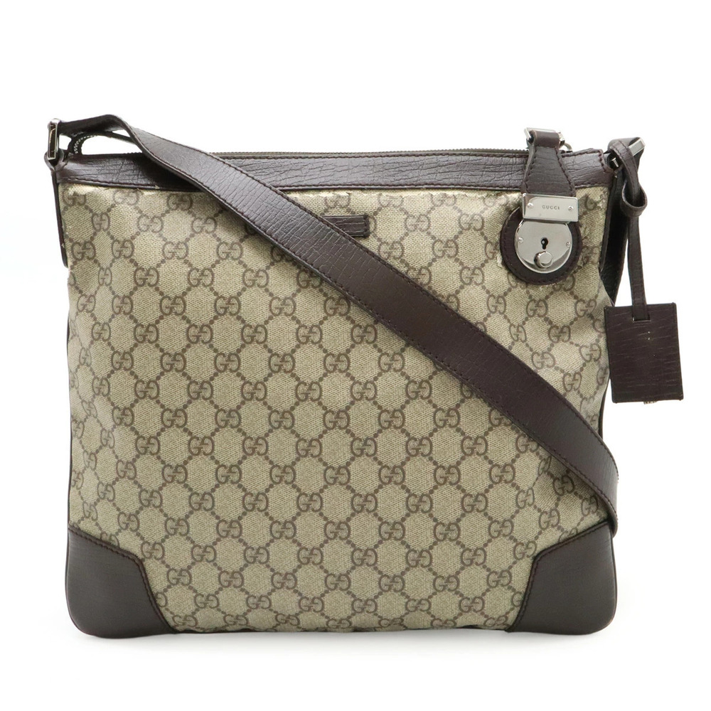 Gucci GG Supreme Crossbody Bag Gusset Canvas Leather Beige Cream Dark Brown